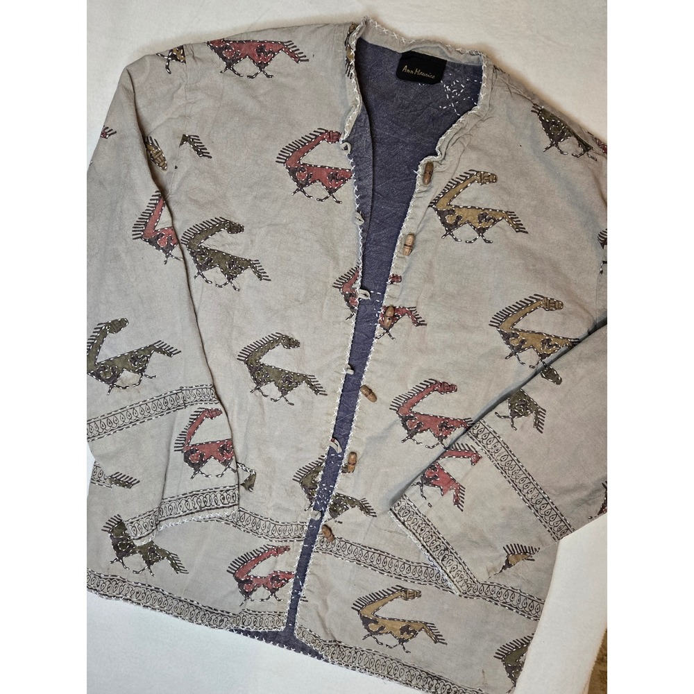 Ann Maurice Vintage Cotton Horse Print Kantha Stitch Toggle Jacket L/XL